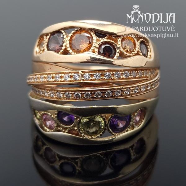 Dėvėtas auksinis žiedas su spalvotais akmenukais