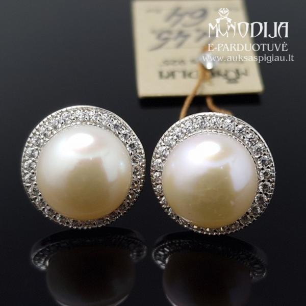 Sidabriniai auskarai su perlais ir baltomis akutėmis