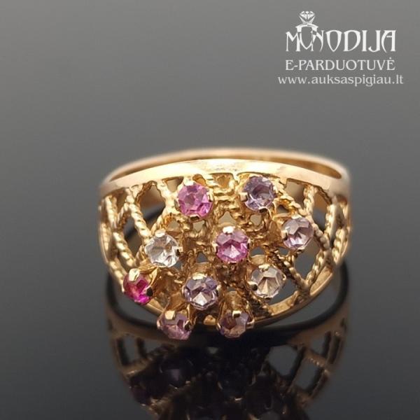 Auksinis žiedas su spalvotais akmenukais